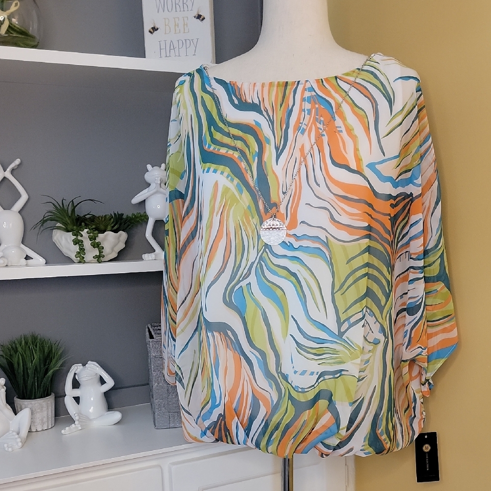 Colorful Abstract Print Women's Blouse with attached, removeable necklace Size L